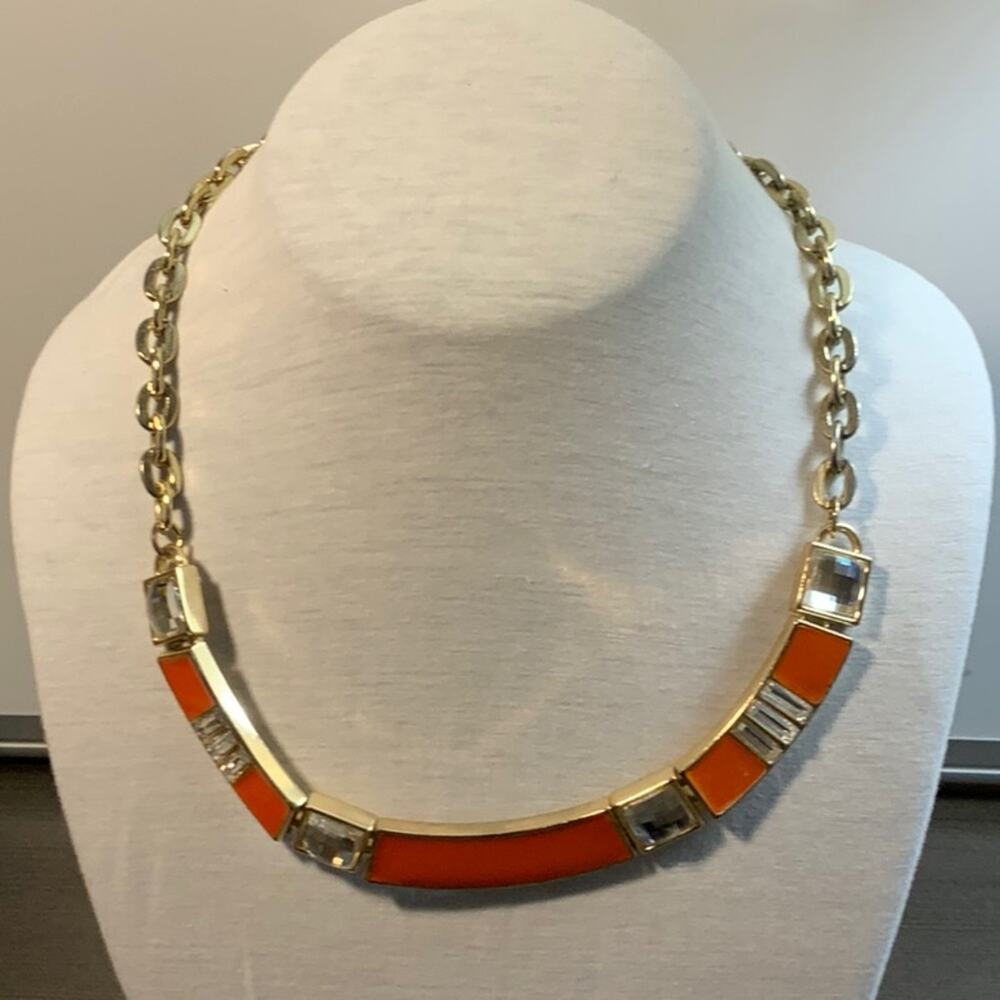 Express vintage 90s gold toned necklace with orange enamel and clear rhinestones